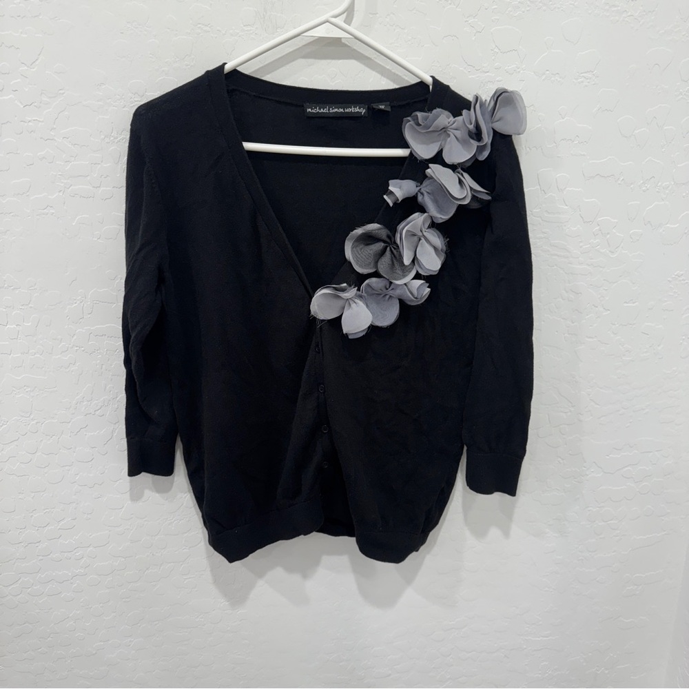 Michael Simon Workshop Cardigan Sweater Womens XS Black Gray 3D Floral Details